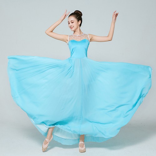 Women turquoise adult modern ballet dance costumes ballet practice long tulle tutu skirt art test performance dress for woman